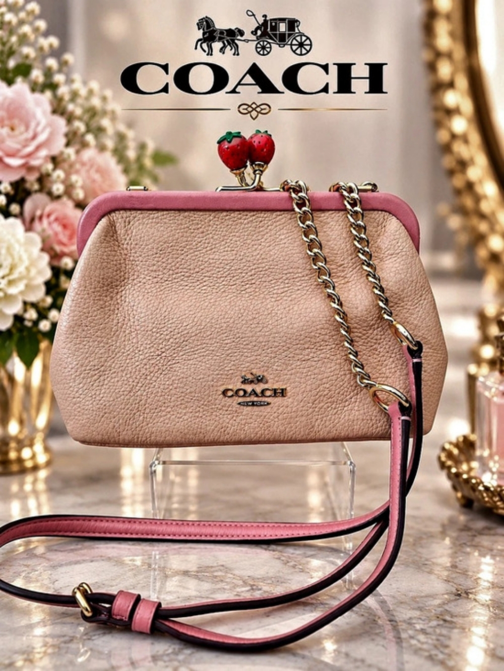 COACH Nora Strawberry Kisslock Leather Crossbody Bag – Pink & Blush